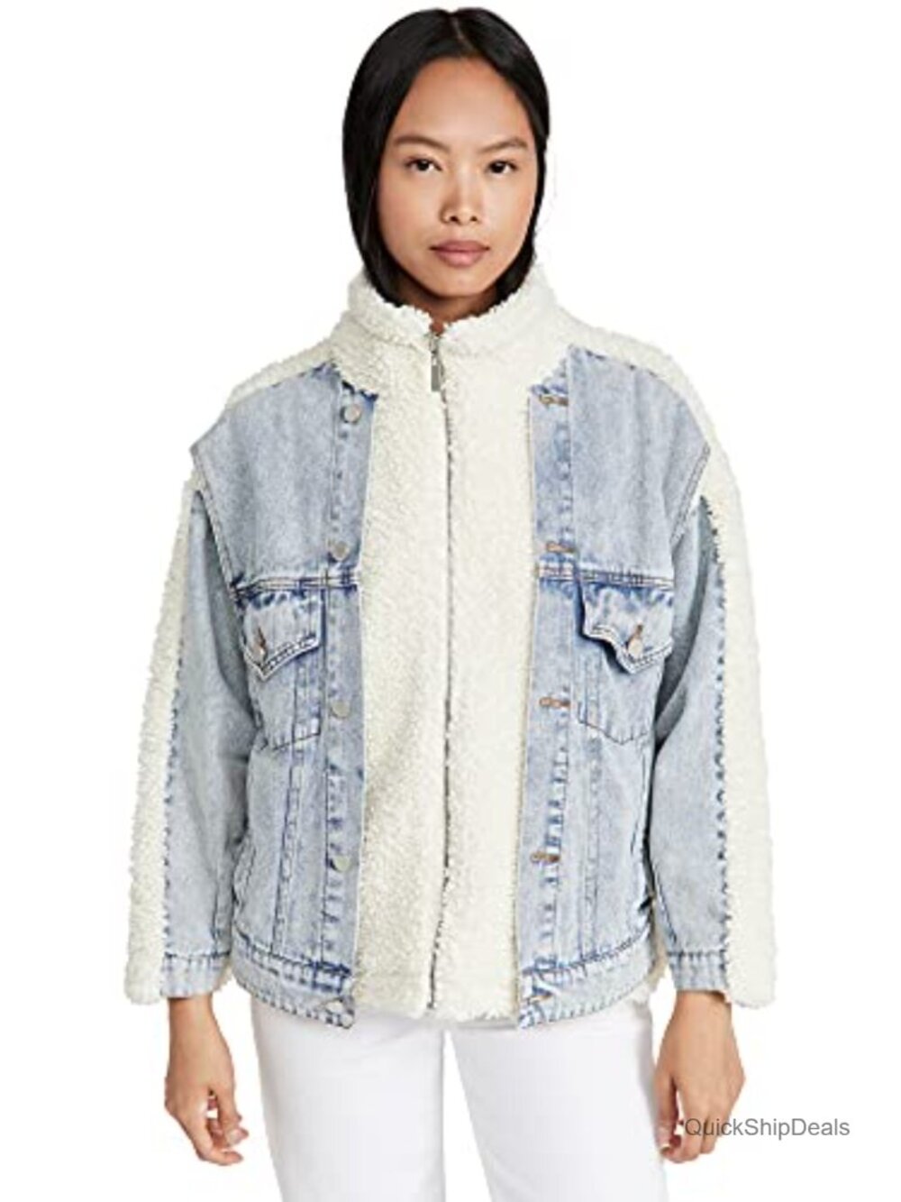 Sherpa Bonded Trucker Coat Fleece Loose Fit Notch Collar Cold Weather